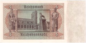 Fünfmarkschein nach der Währungsreform in der sowjetischen Besatzungszone von 1948. Kupon auf der alten Banknote von 1942 , Ro. 333, Rückseite