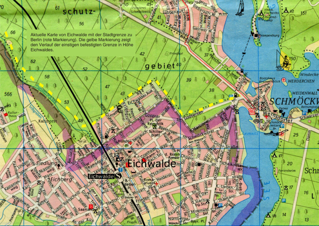 Aktuelle Grenzziehung und alte Grenzanlage zwischen Berlin und Eichwalde (Karte: Heimatarchiv der Gemeinde Eichwalde)